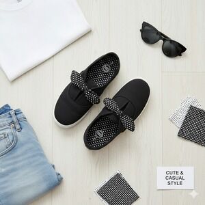 Wonder Nation Girls Black Polka Dot Bow Slip‎ On Canvas Sneakers Shoes